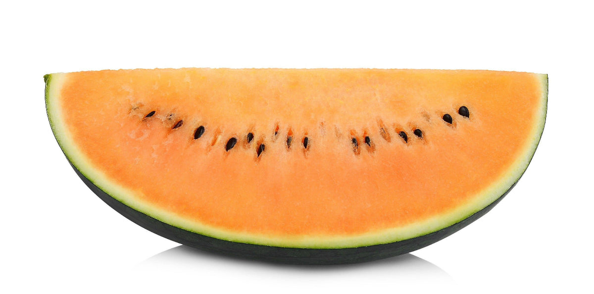 A single wedge of orange watermelon with dark seeds and green rind.
